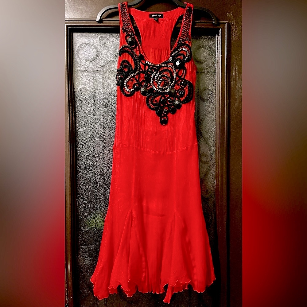 BeBe SILK Flowy Bead Embroidered Lined Flapper Dress Sequins Cocktail ❤️